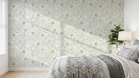 Bedroom dressed in Dog Rose and Butterflies green linework wallpaper