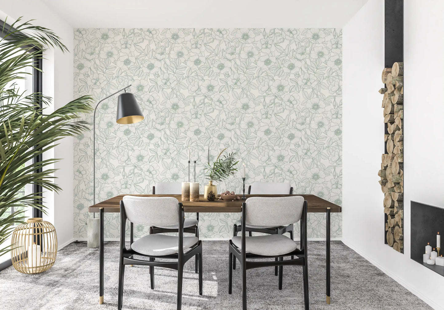 Hundsrose und Schmetterlinge/Sanfte grüne Linienzeichnung Blumenmuster auf Off-White Tapete⁠