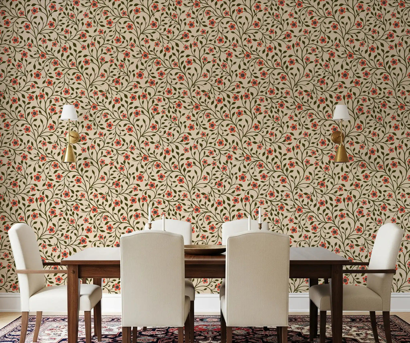 Dining room featuring Warm Folk Floral Vines wallpaper in coral and forest green