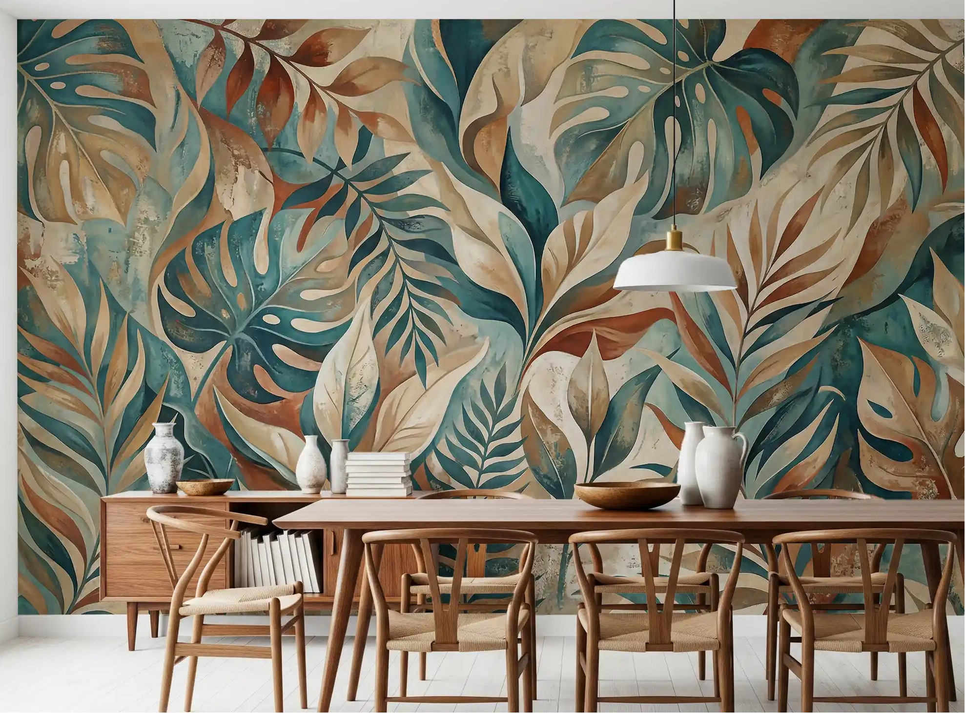 Dining room paired with Painterly Tropical Foliage wall mural backdrop