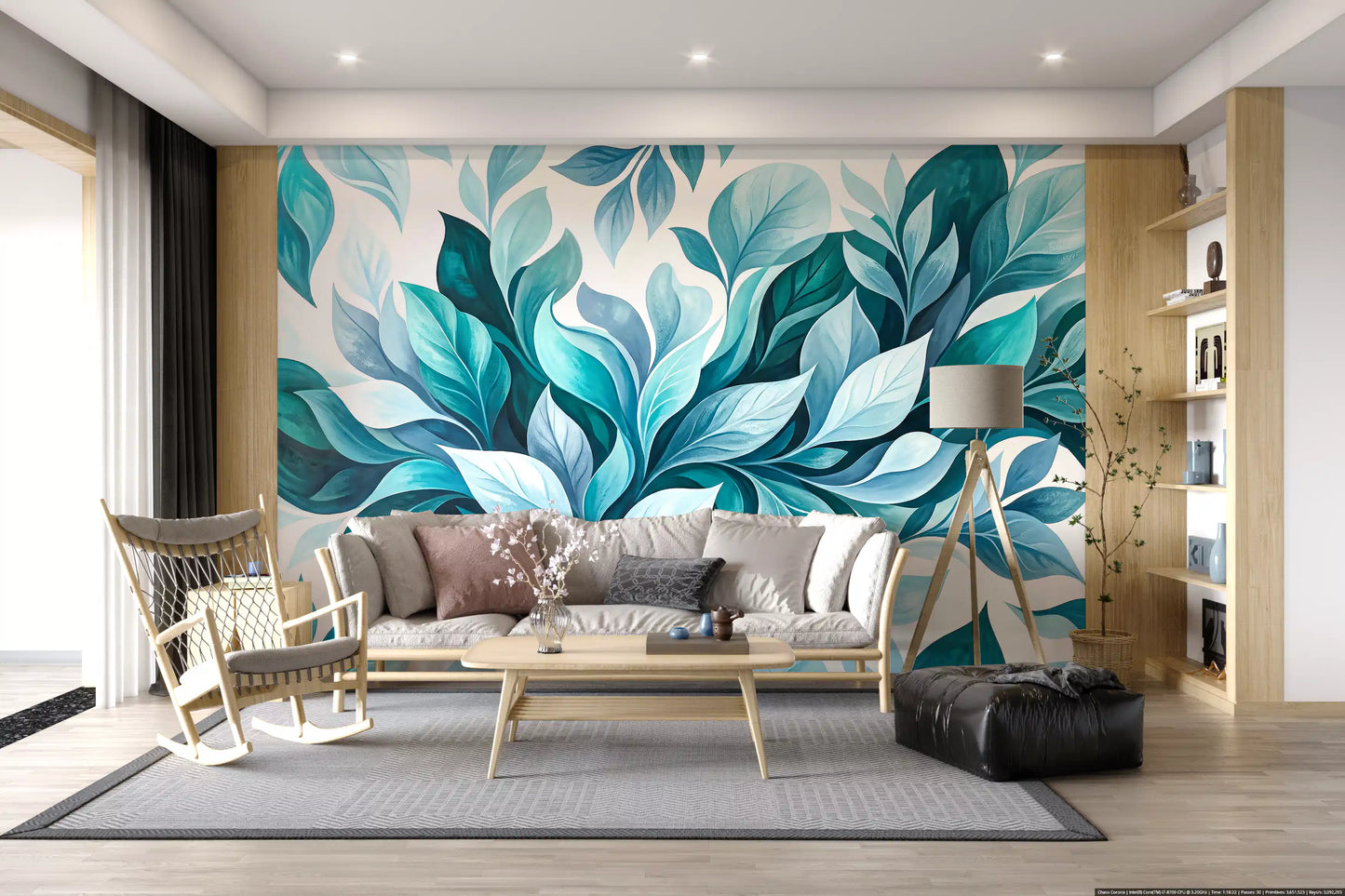 Mural de Pared Flujo de Follaje Verde Azulado