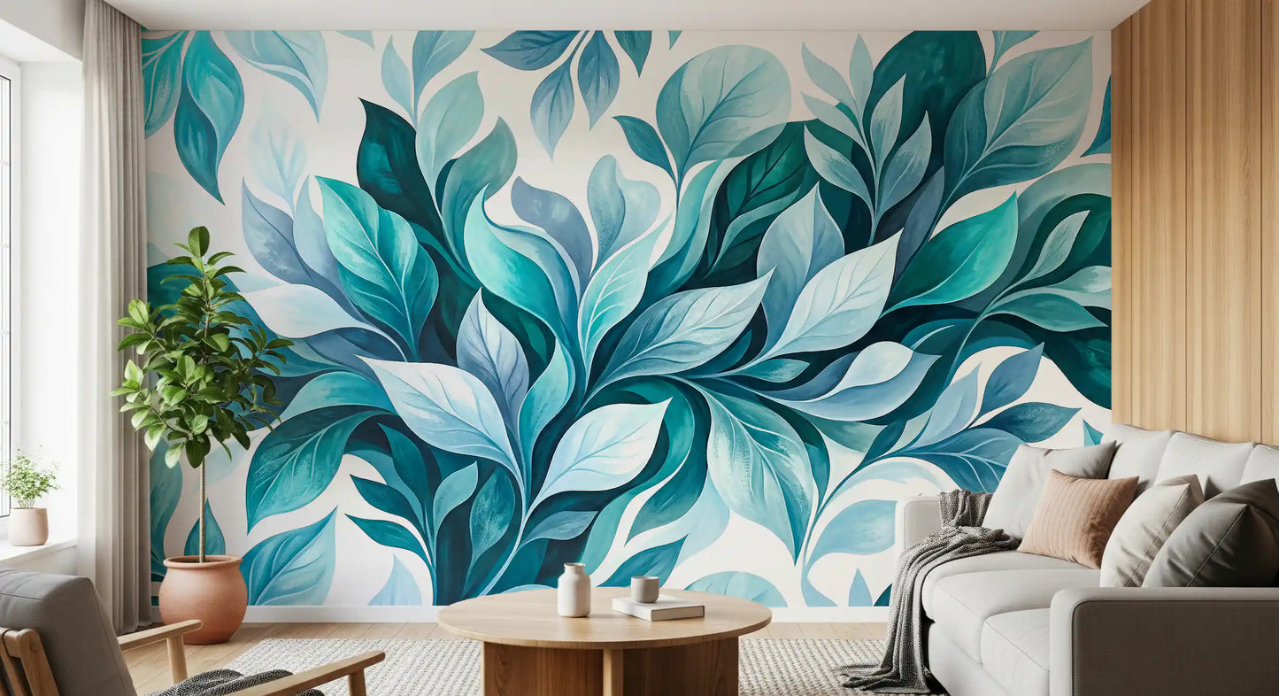 Mural de Pared Flujo de Follaje Verde Azulado
