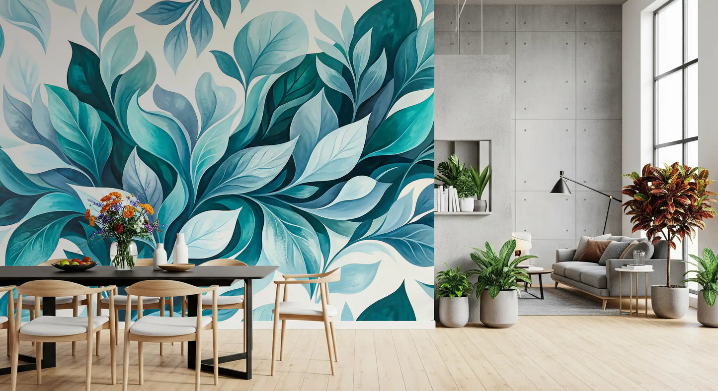 Mural de Pared Flujo de Follaje Verde Azulado