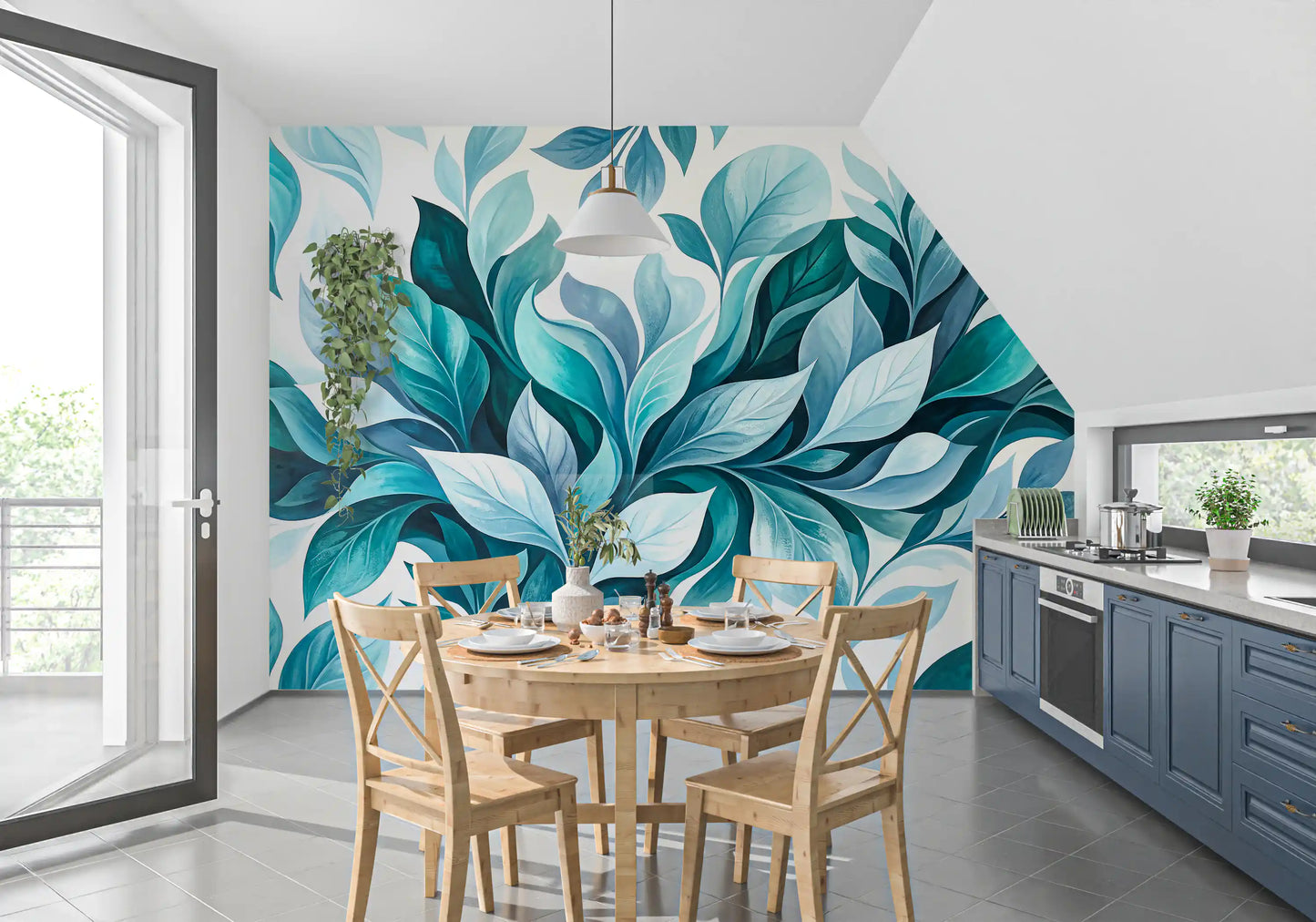 Mural de Pared Flujo de Follaje Verde Azulado