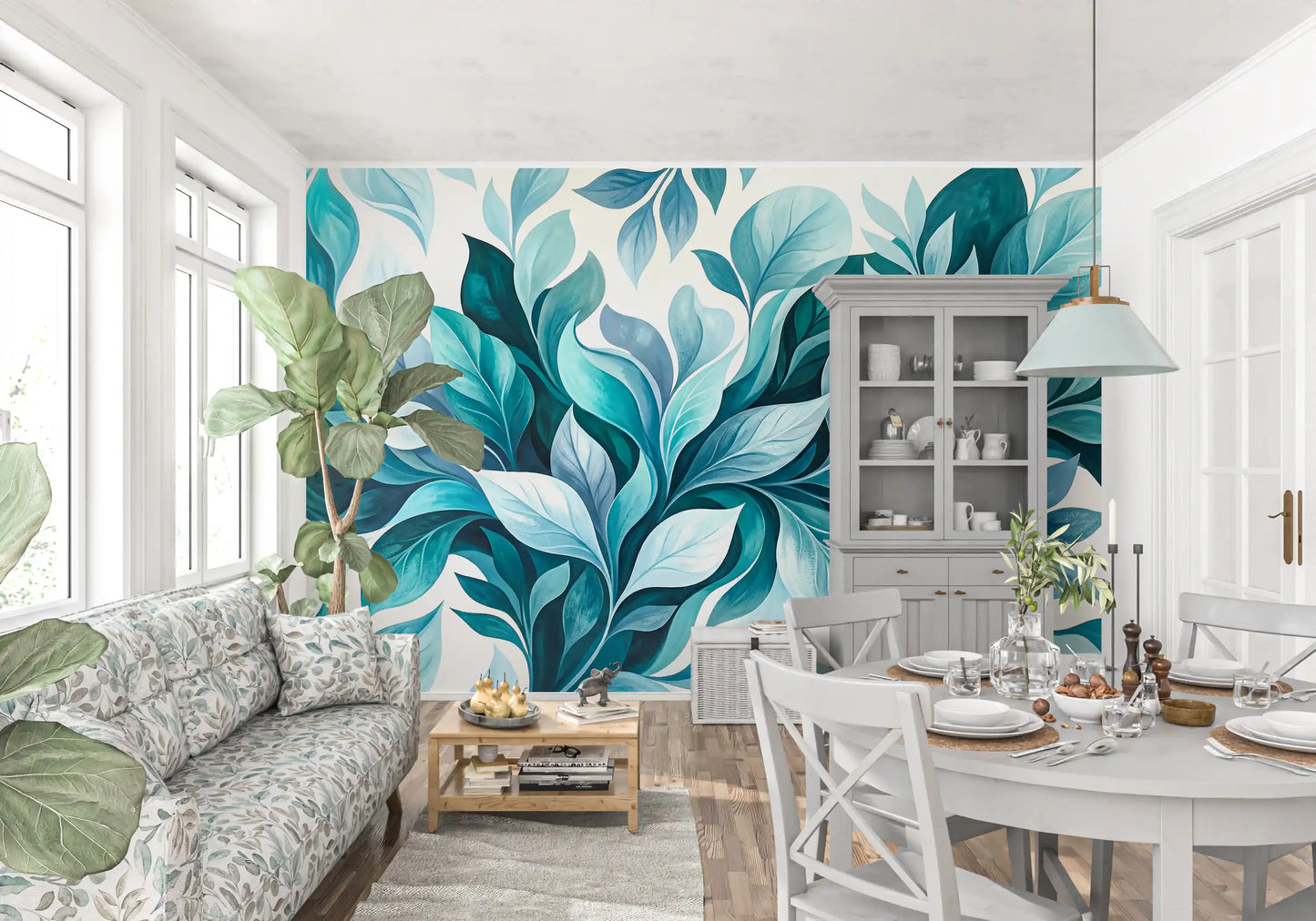 Mural de Pared Flujo de Follaje Verde Azulado
