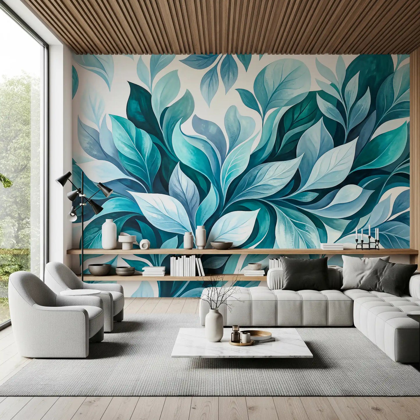 Mural de Pared Flujo de Follaje Verde Azulado