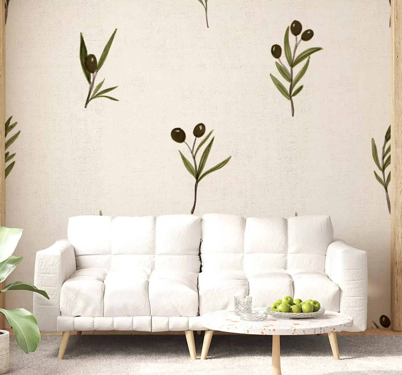 Tuscany Olive Branches On Canvas Wallpaper applied in a bright living room setup.