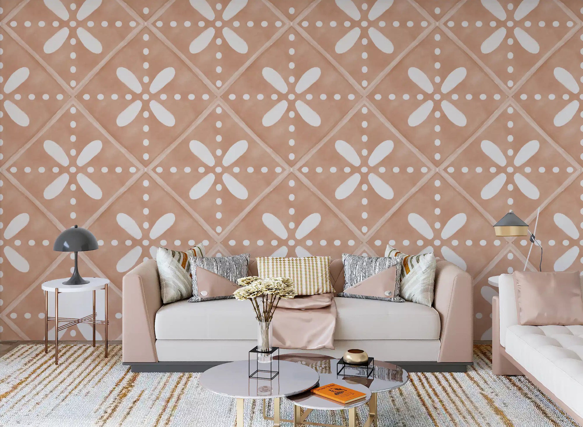 A modern living room displaying the Tuscany Cotto Tiles Wallpaper.
