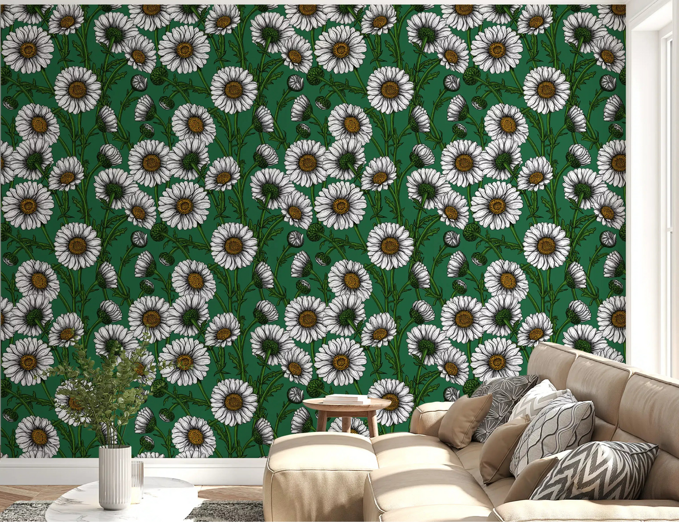 Daisies on emerald green Wallpaper⁠