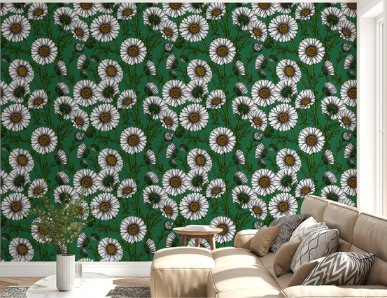 Living room covered in Daisies on emerald green Wallpaper.