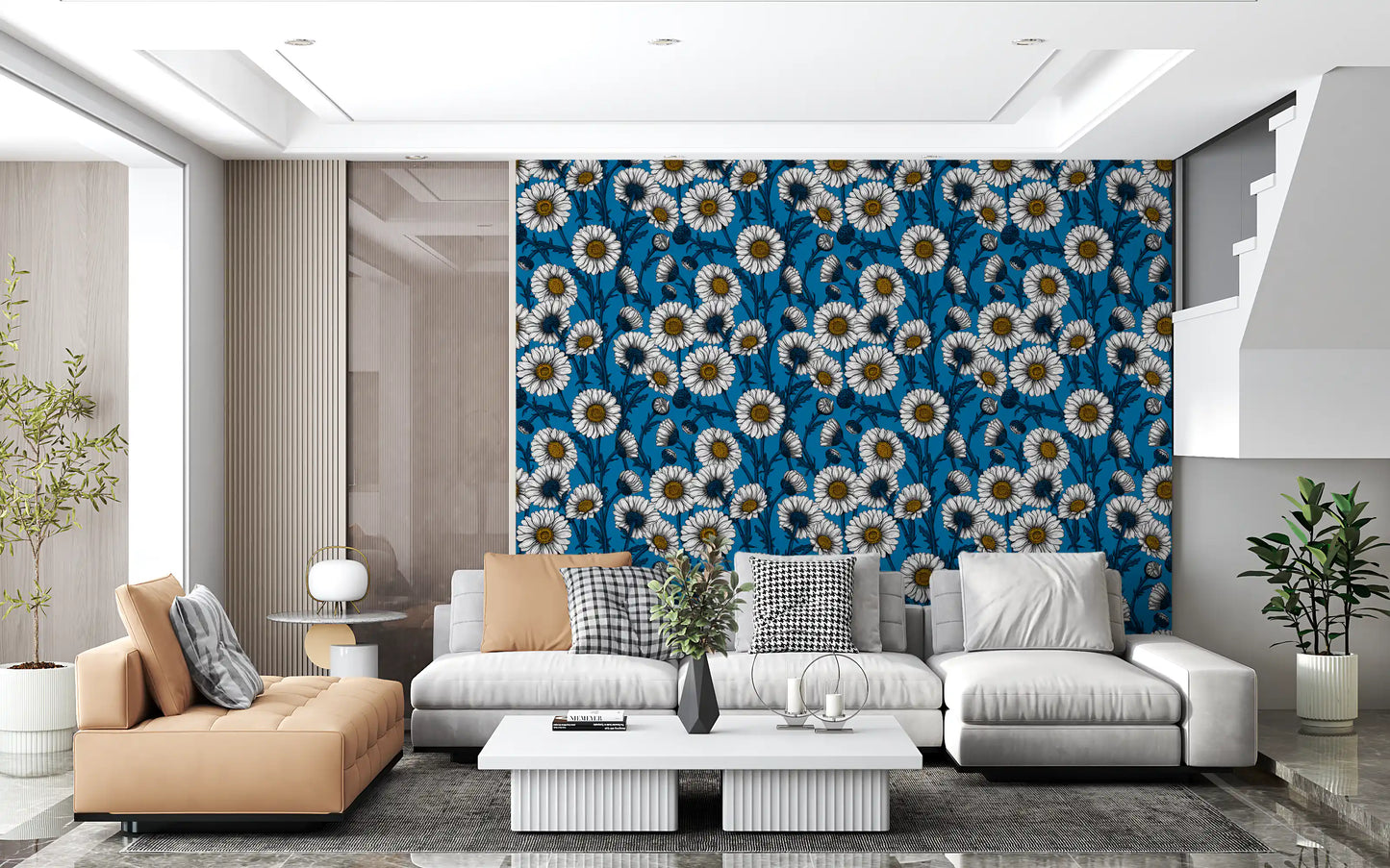 Botanical illustrations define the Daisies on blue Wallpaper pattern.
