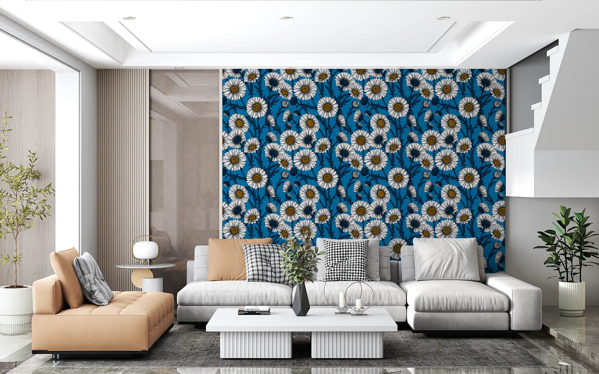 Botanical illustrations define the Daisies on blue Wallpaper pattern.