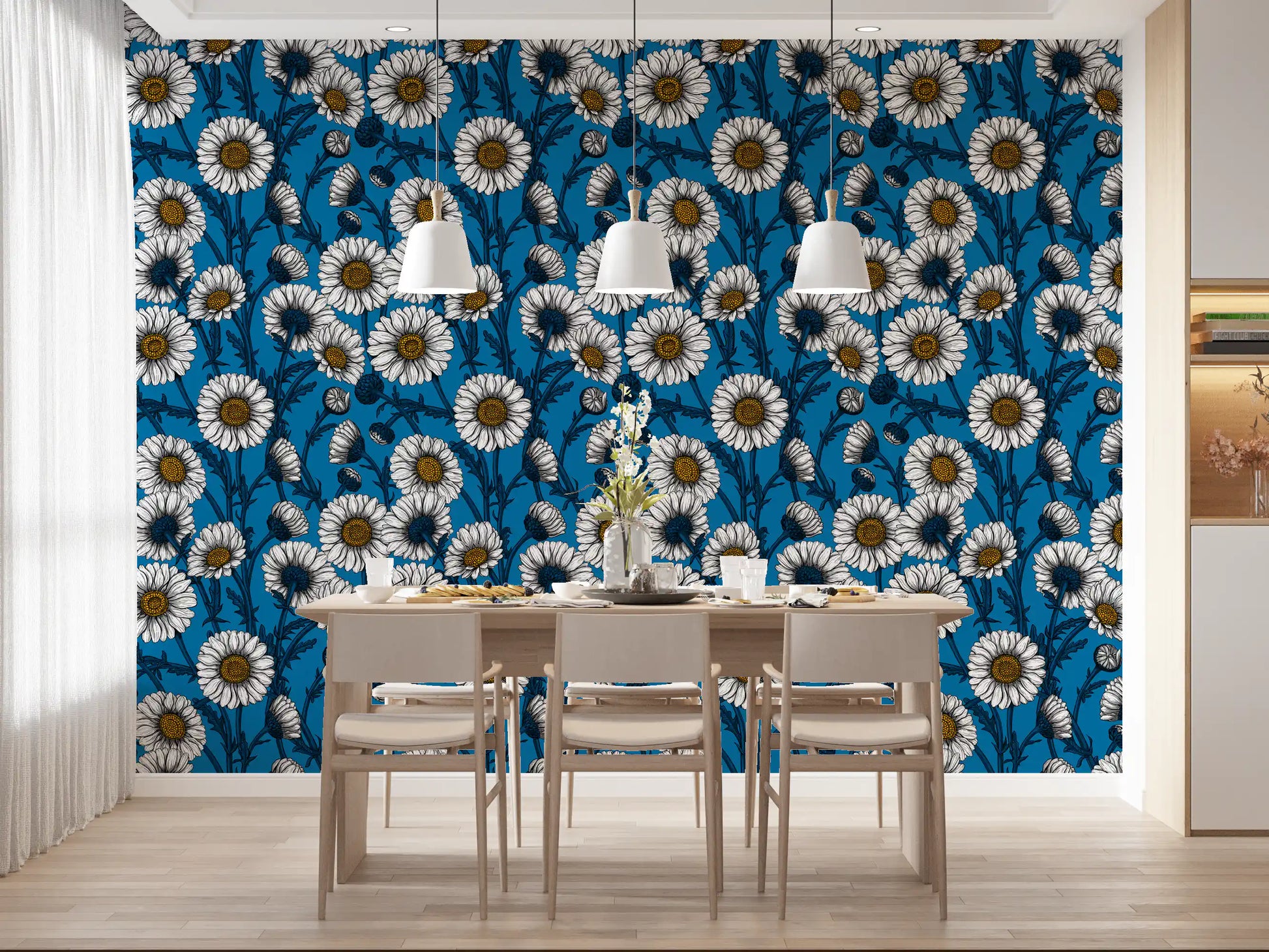 A quiet Dining room decorated with the Daisies on blue Wallpaper.