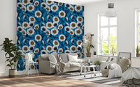 Clear view of the Daisies on blue Wallpaper showing petal linework.