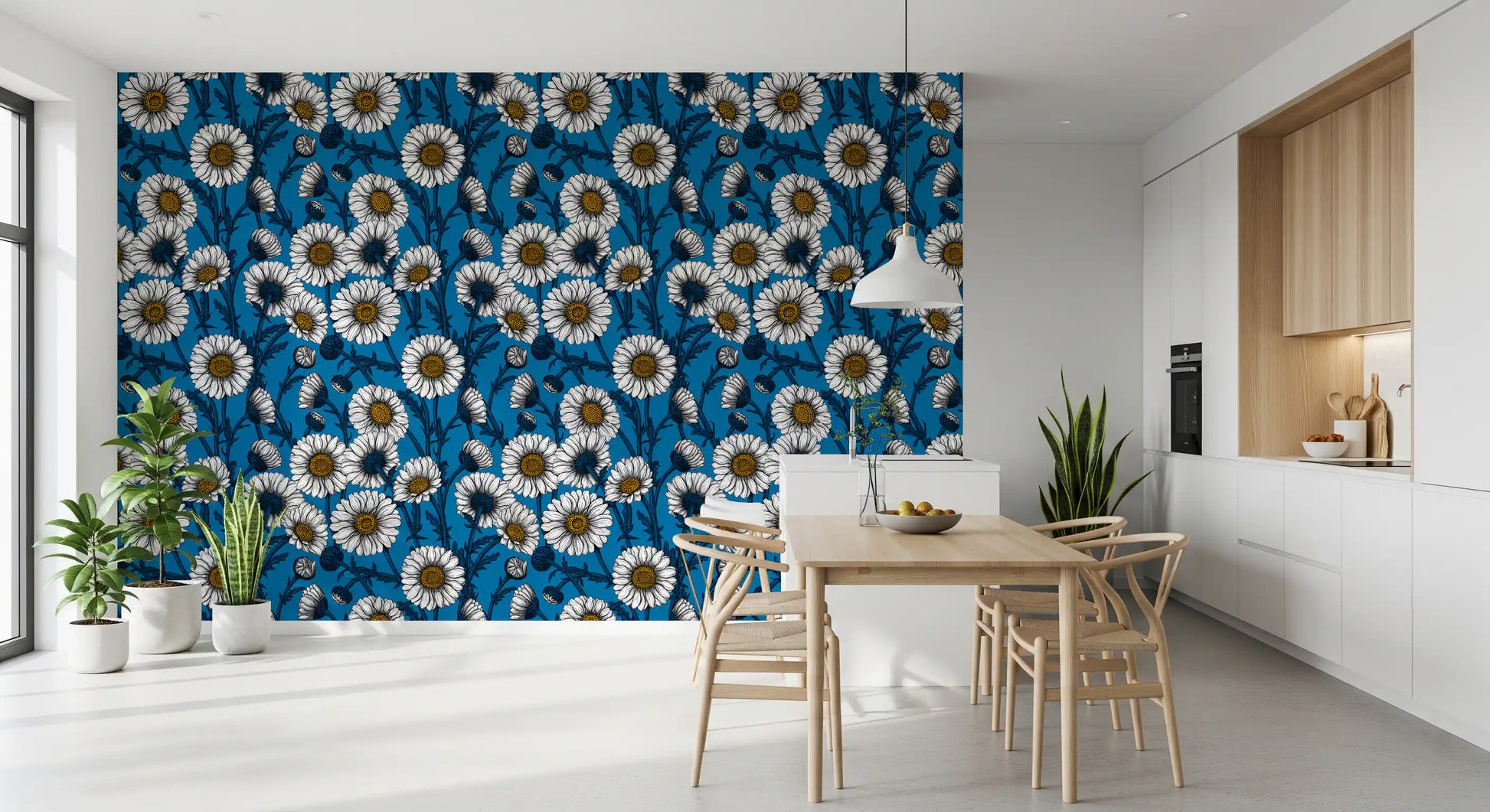 Vibrant floral Daisies wallpaper applied across a dining room .