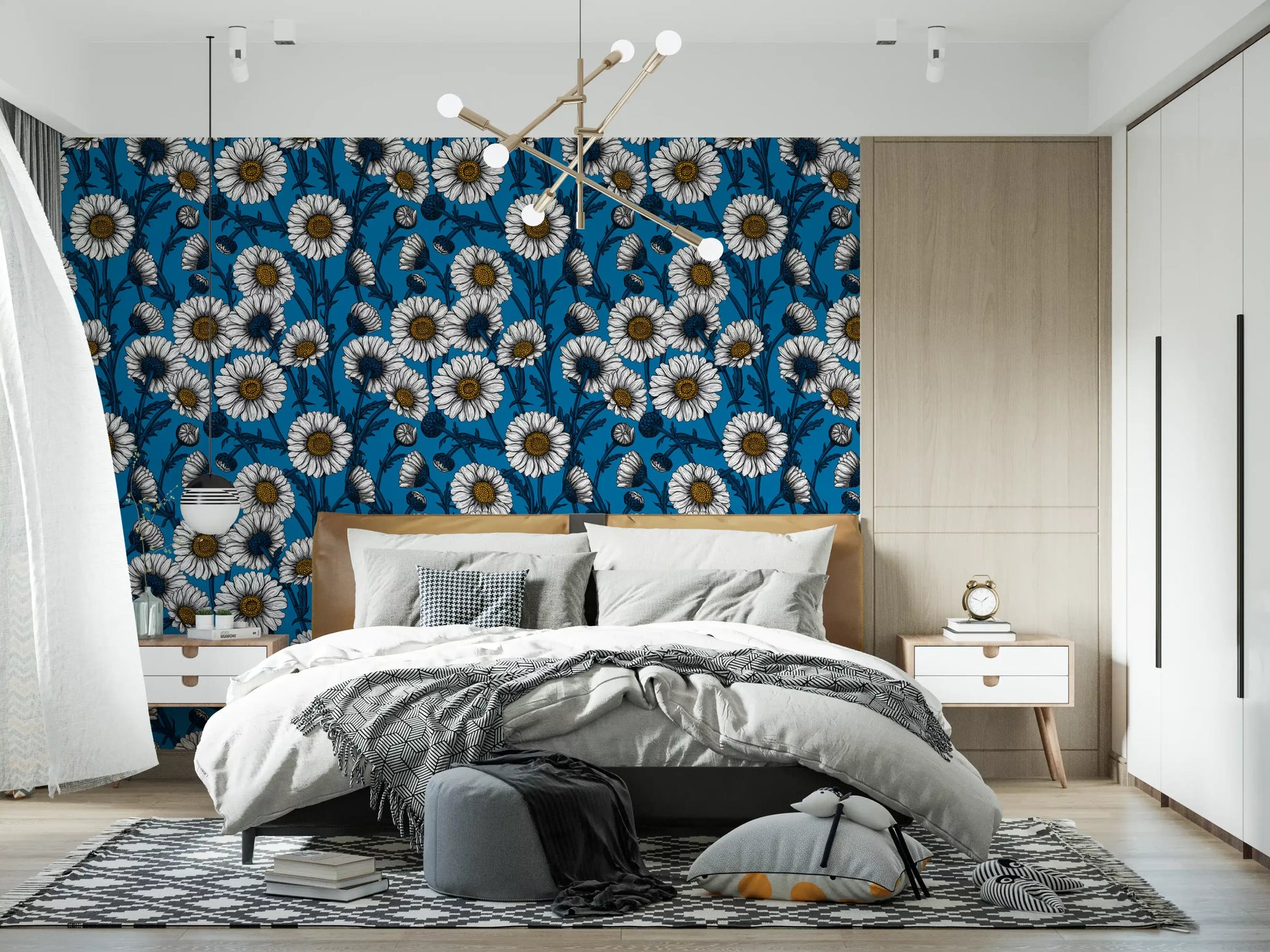 Botanical Daisies Wallpaper creating a backdrop in a spacious Bedroom.