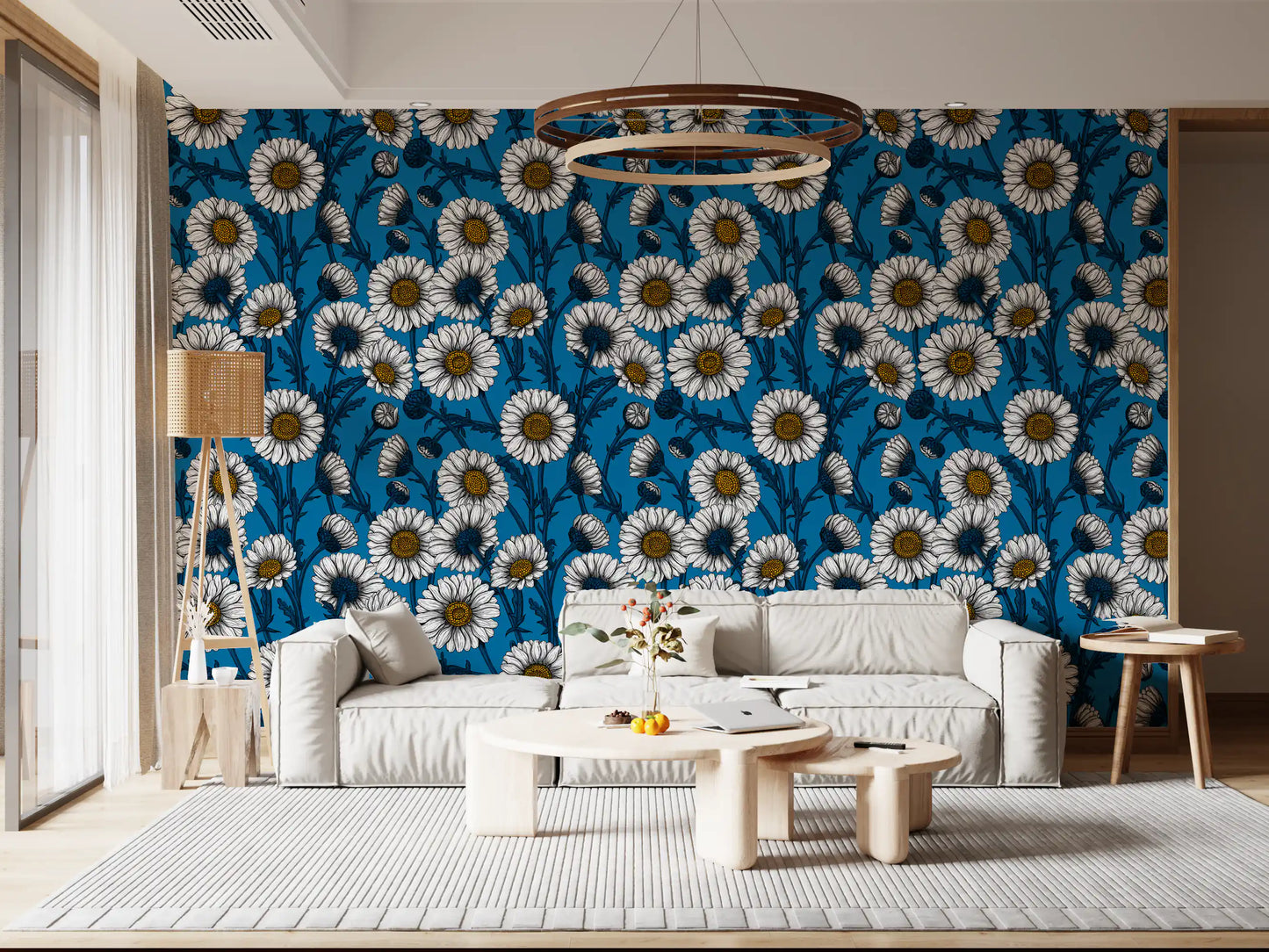 Dark blue stems intertwine throughout the floral daisies wallpaper.