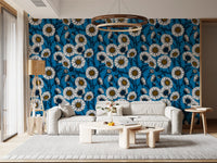 Dark blue stems intertwine throughout the floral daisies wallpaper.