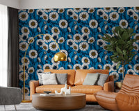 A bright Living room featuring the Daisies Wallpaper on the vertical surface.