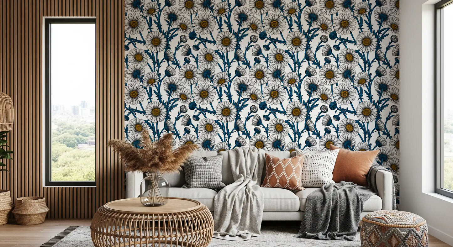 Intricate botanical illustrations highlight the Daisies wallpaper.