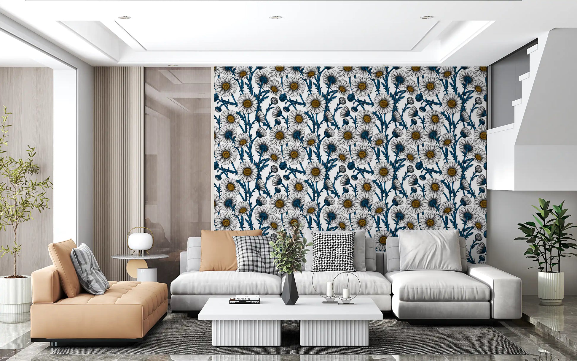 View of the Daisies on white Wallpaper showing blue stems.