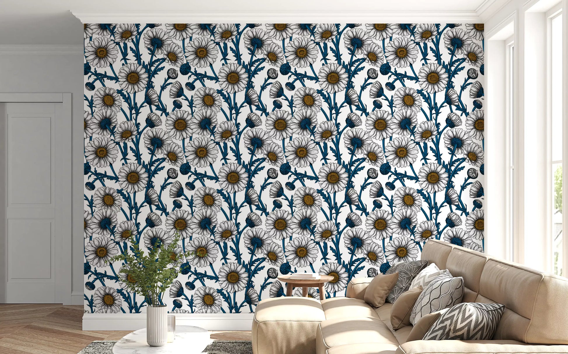 White petals and dark foliage on the Daisies on white Wallpaper.