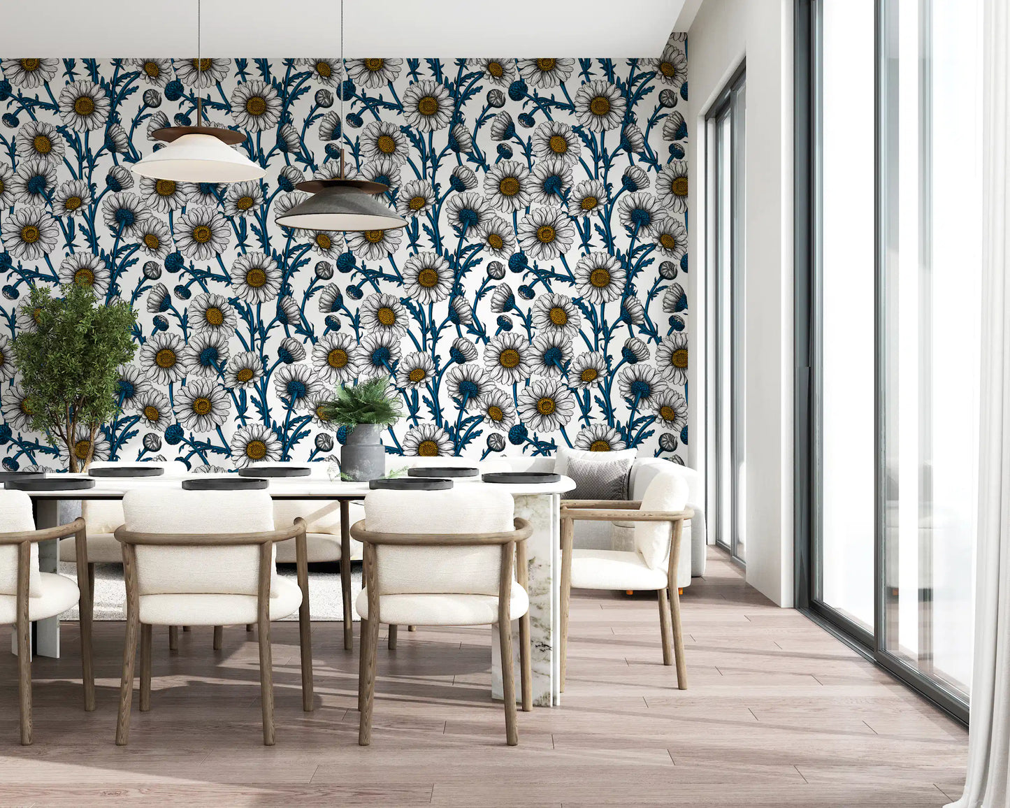 Modern Dining room interior incorporating this botanical Daisies wallpaper.