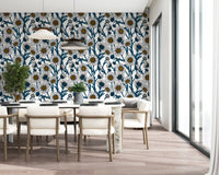 Modern Dining room interior incorporating this botanical Daisies wallpaper.