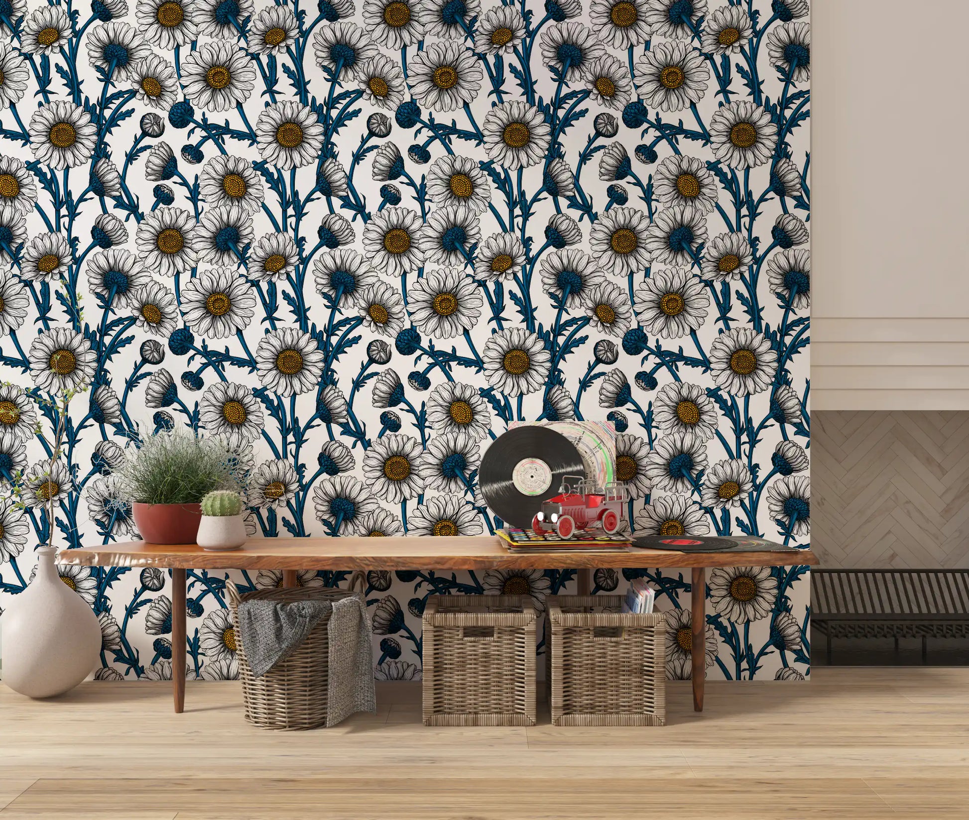 Yellow centers add bright color to this floral Daisies wallpaper.