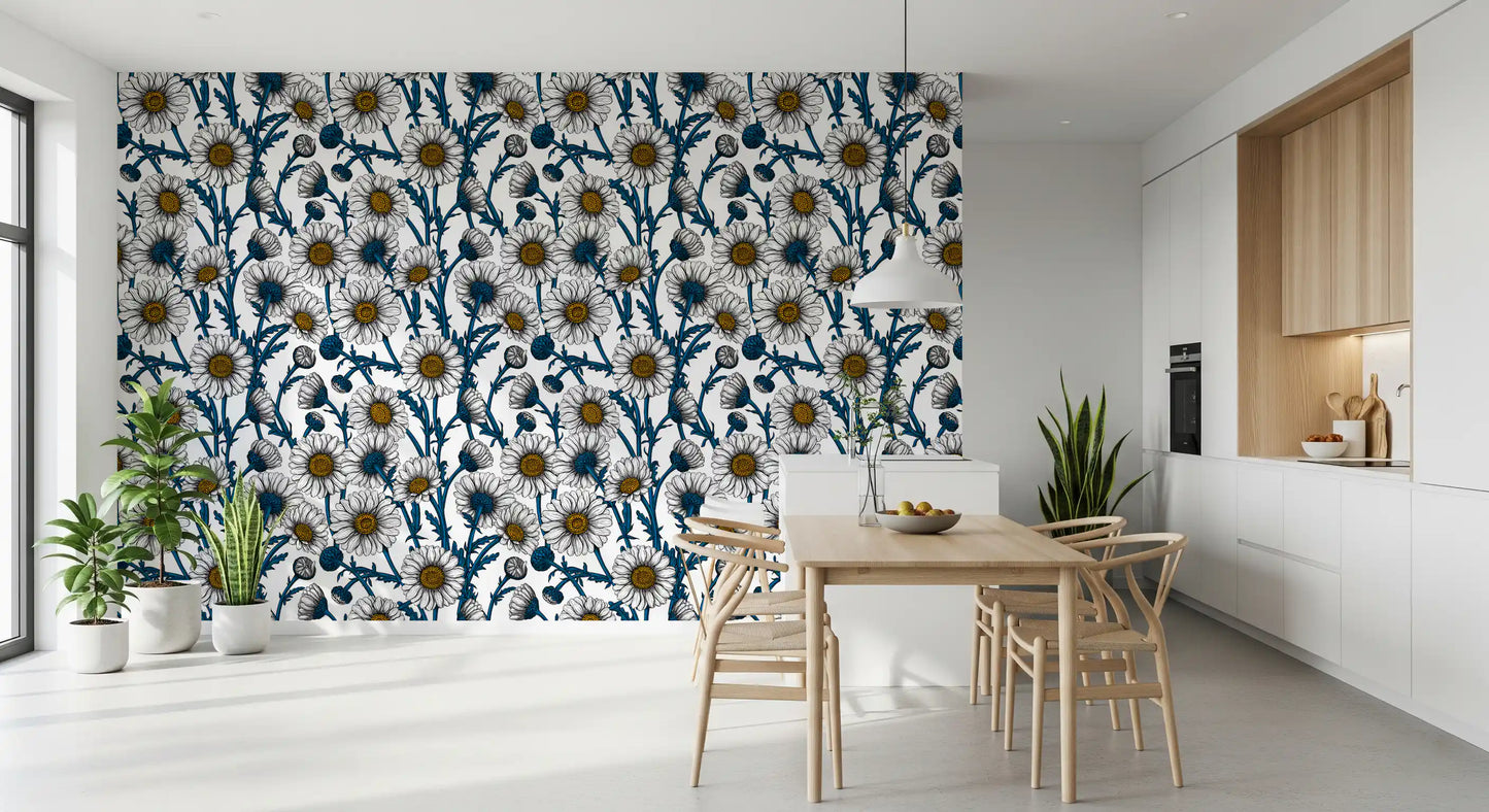 Bright kitchen-dining space displaying this Daisies wallpaper.