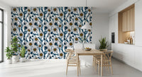 Bright kitchen-dining space displaying this Daisies wallpaper.