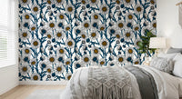 Cozy bedroom space displaying the Daisies wallpaper.