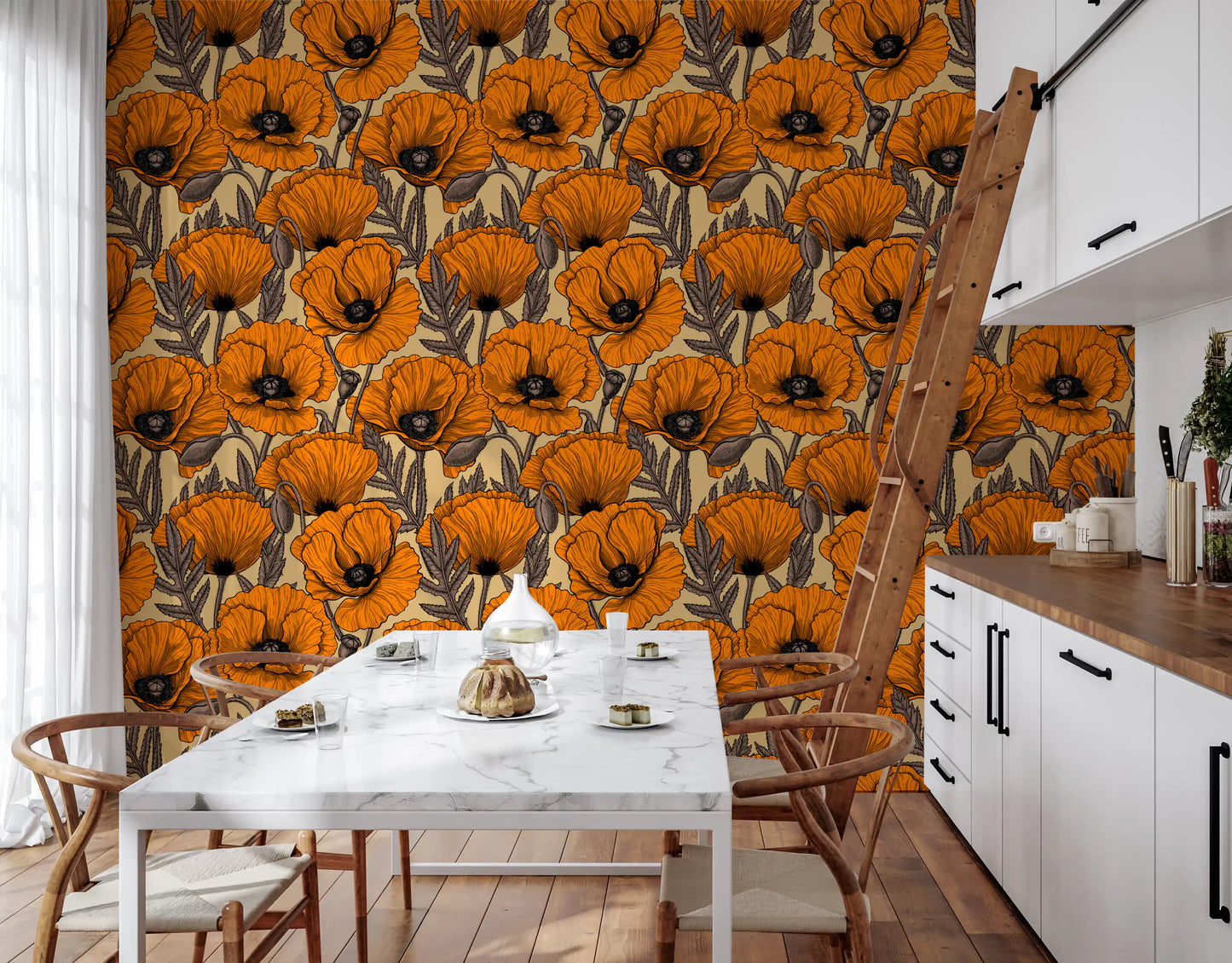 Large orange blossoms seen clearly on this botanical poppy wallpaper.