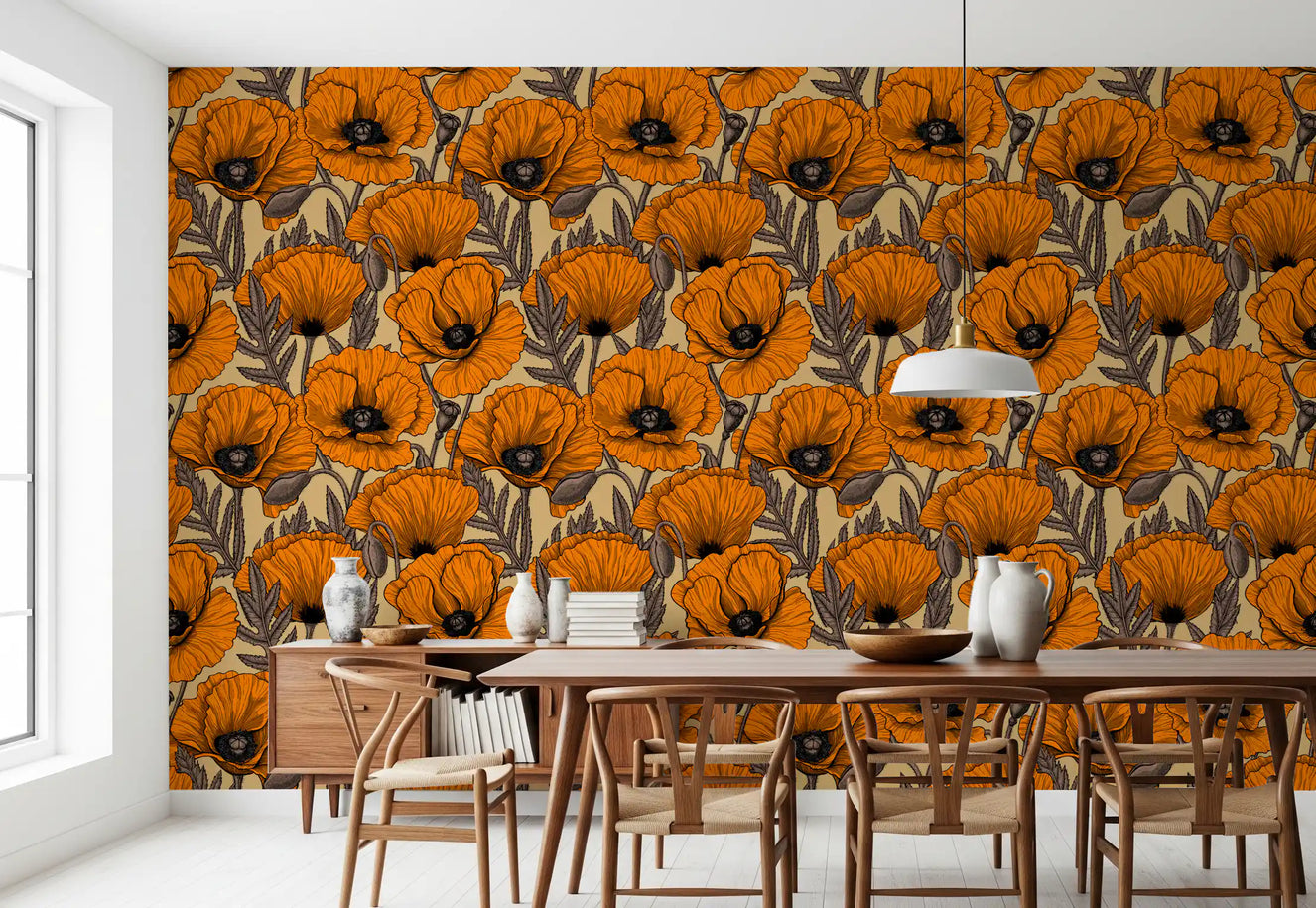 Vivid poppy wallpaper applied to a spacious and warm dining room.