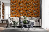 Living room highlighted by the Orange poppy garden Wallpaper.