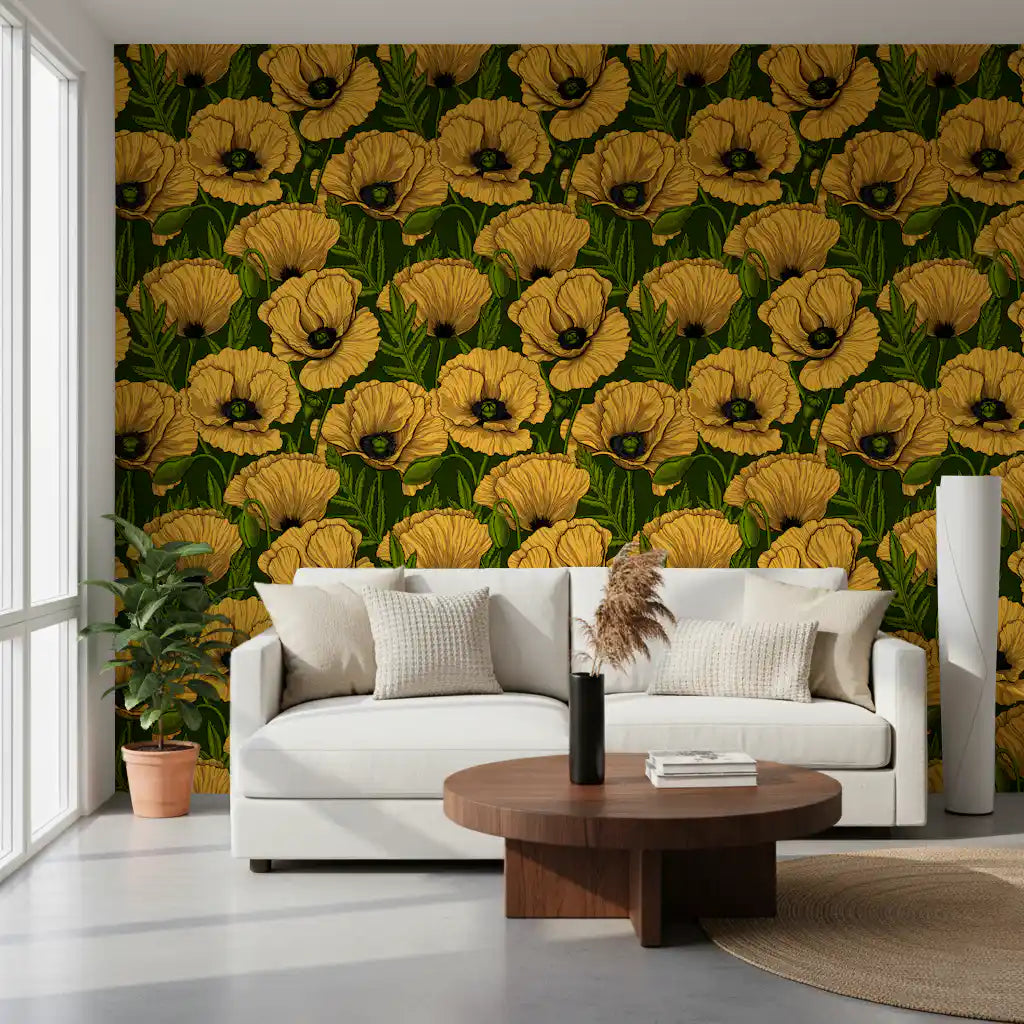Yellow poppy garden wallpaper anchors a living room with botanical colour and depth.