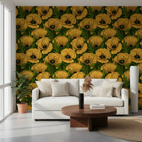 Yellow poppy garden wallpaper anchors a living room with botanical colour and depth.