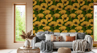 Slim green stems and pointed leaves weave through the poppy wallpaper pattern.