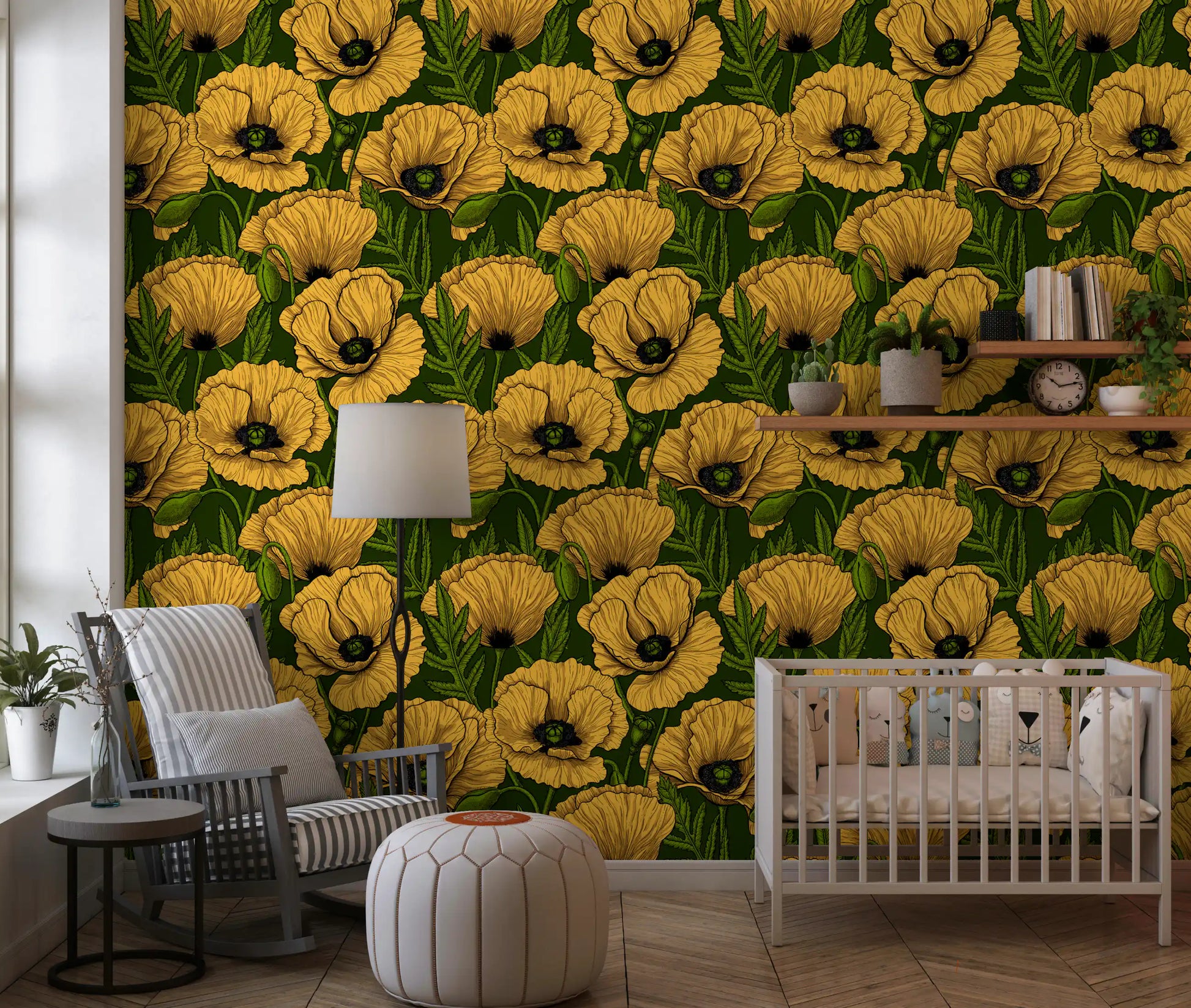 Yellow poppy garden wallpaper shows oversized golden blooms on a deep forest-green base.