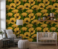 Yellow poppy garden wallpaper shows oversized golden blooms on a deep forest-green base.