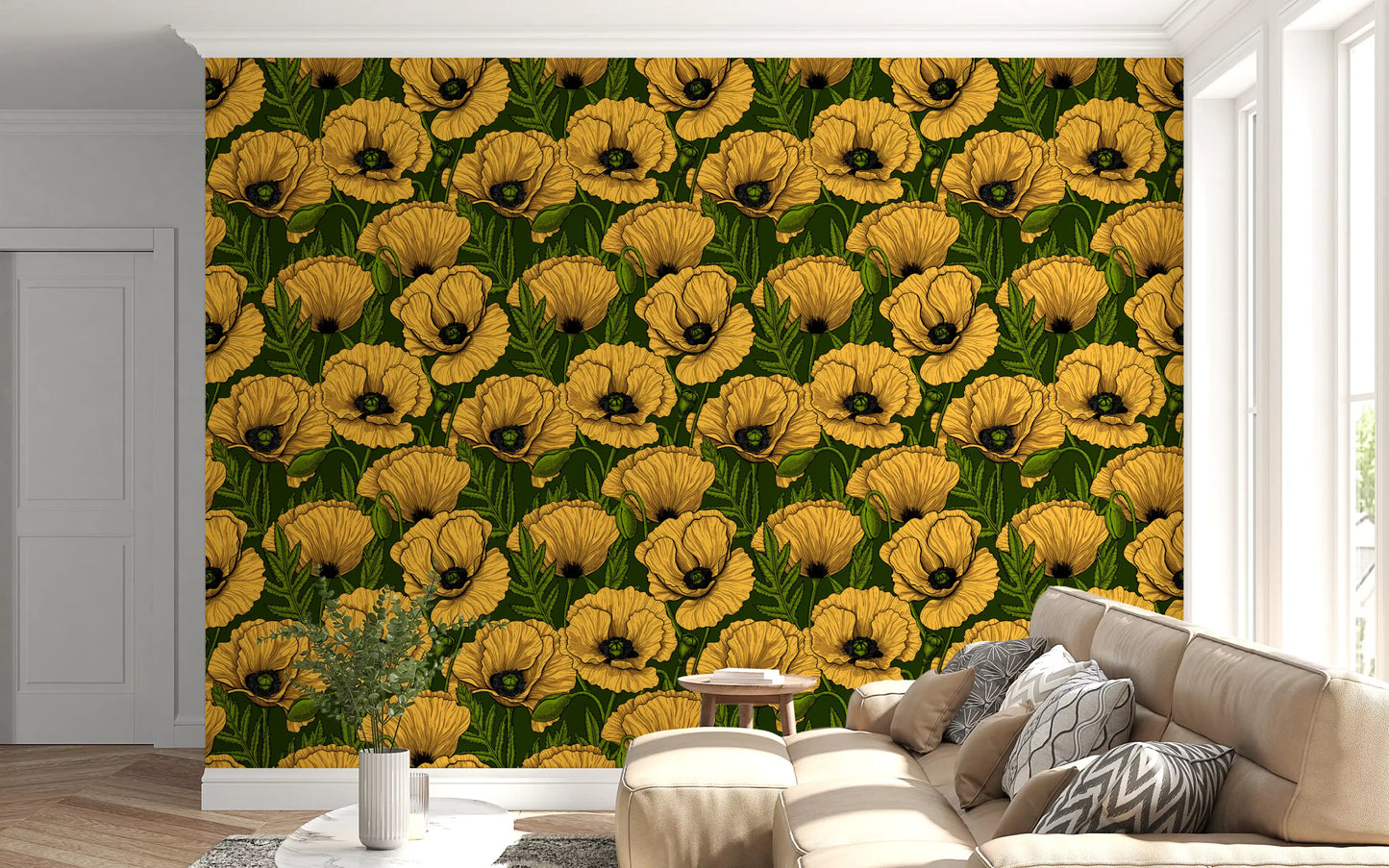 Fine drawn outlines define each petal in this yellow poppy garden wallpaper.