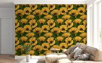 Fine drawn outlines define each petal in this yellow poppy garden wallpaper.