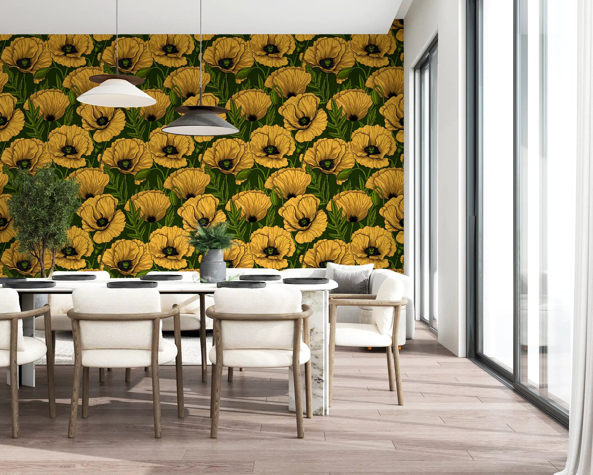 Golden petals catch attention against dark green in this poppy garden wallpaper.