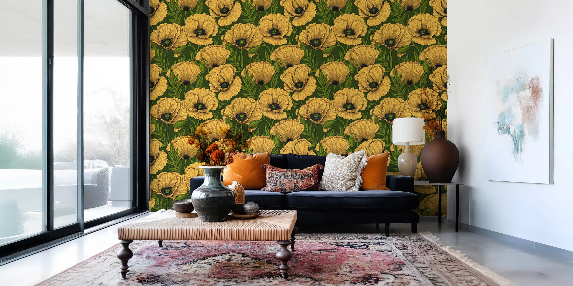 Painterly floral pattern gives this Living room a bold yellow poppy wallpaper backdrop.