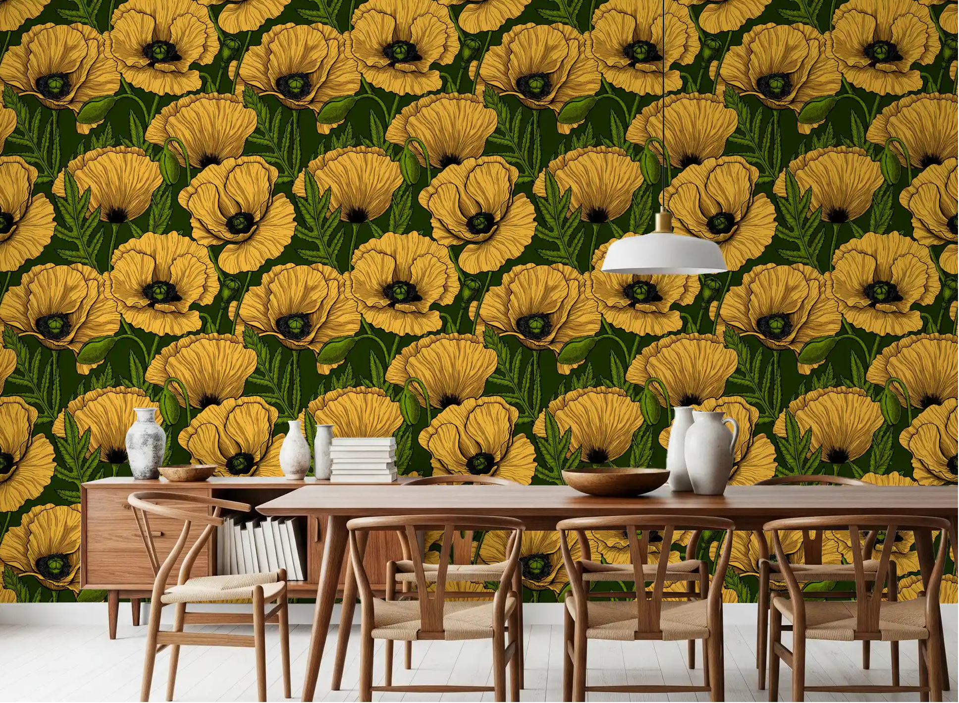 Golden poppies bloom across the dining room in this drawn floral wallpaper.
