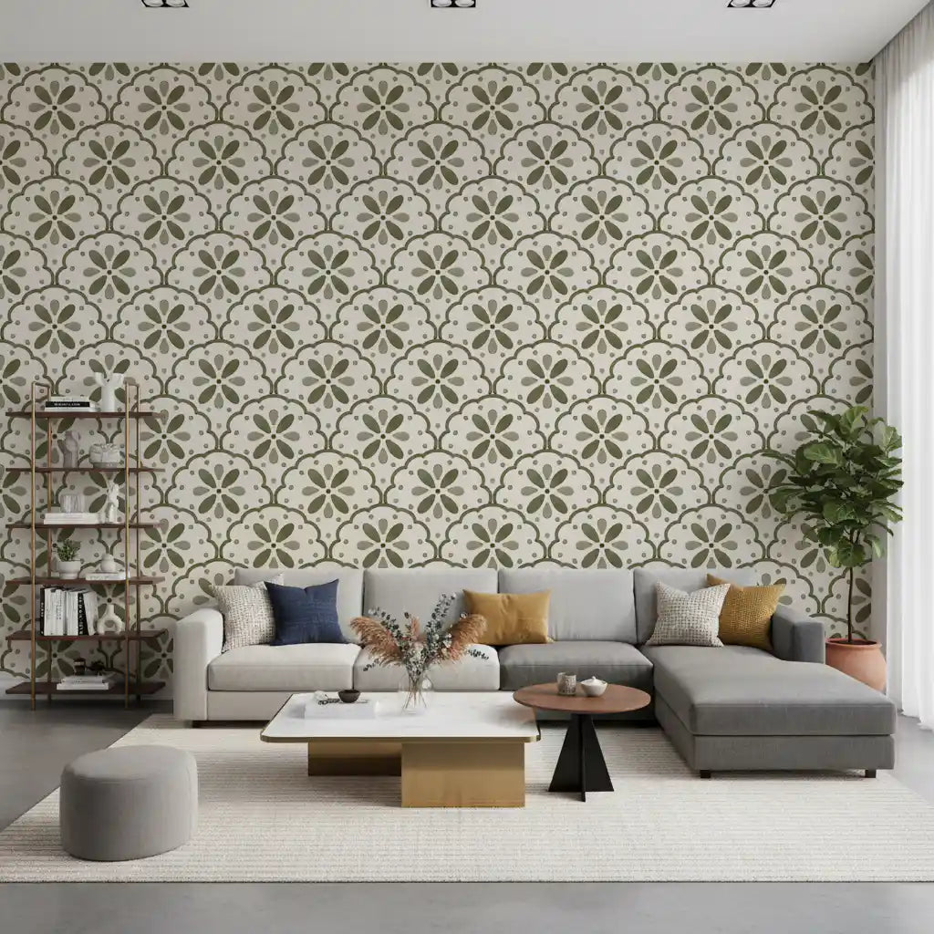 Curved lounge gets a slow Mediterranean lift from Tuscany Scallop Olive wallpaper.
