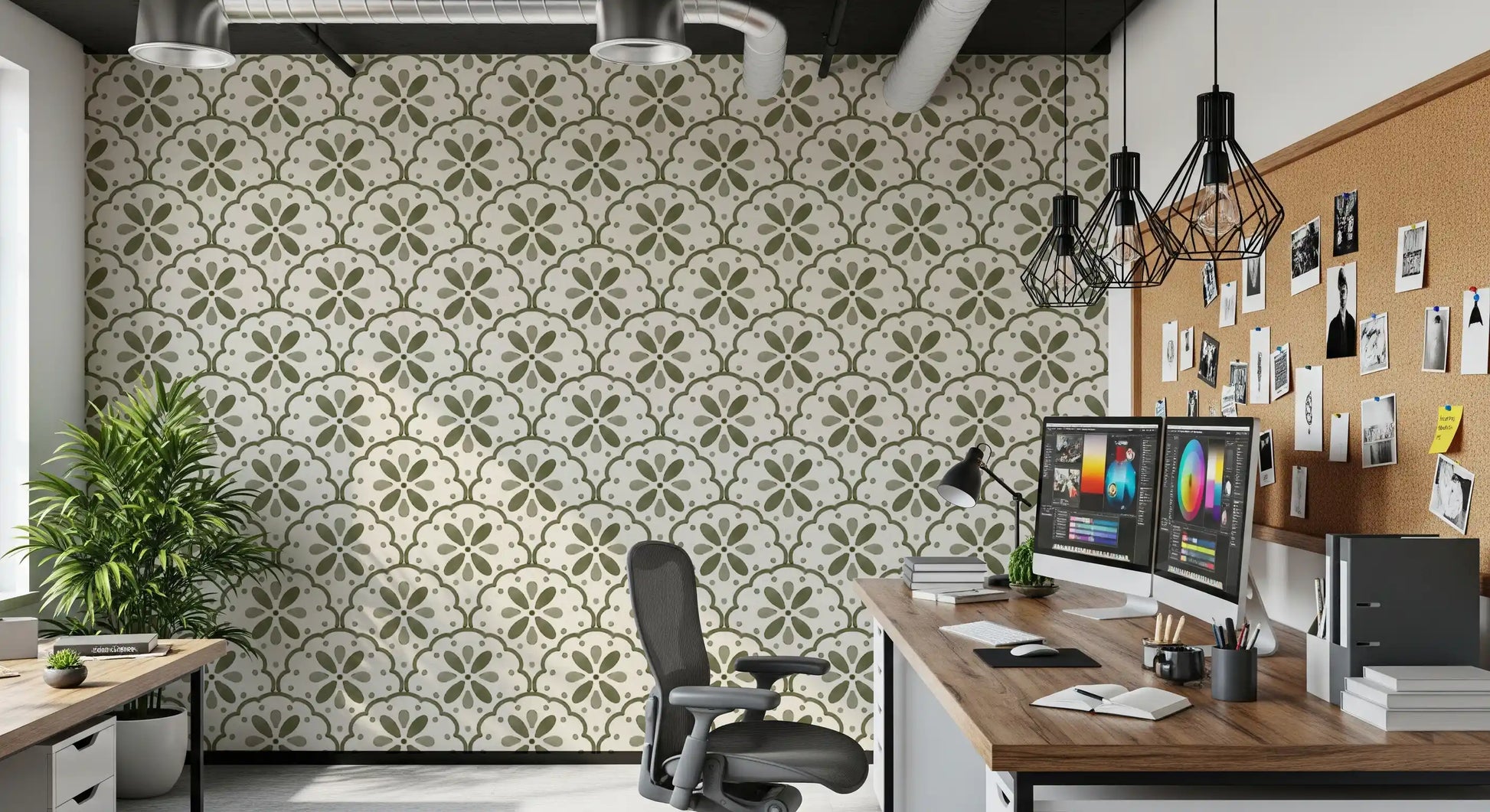 Muted sage tones meet warm cream backgrounds in this Tuscany Olive scallop wallpaper.