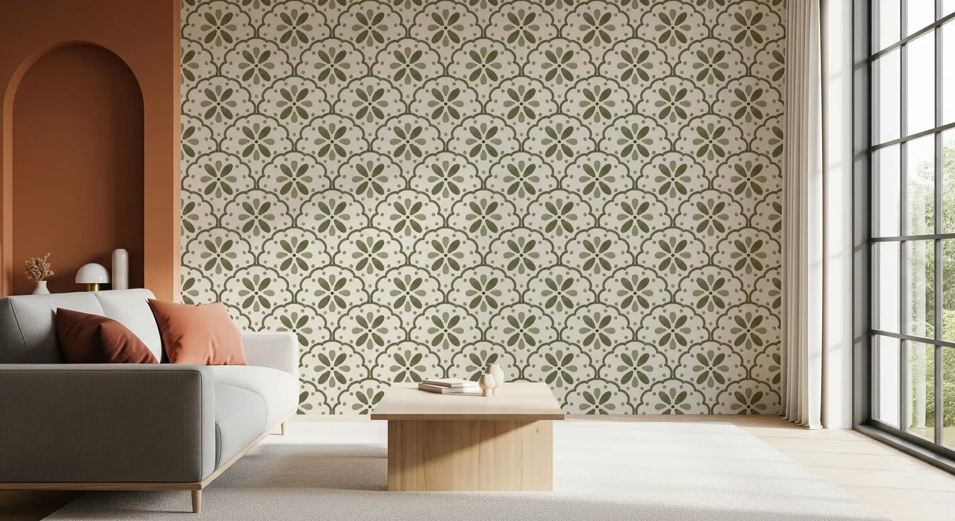 Olive daisy florals nest inside cream scallop arches in this Tuscany wallpaper.