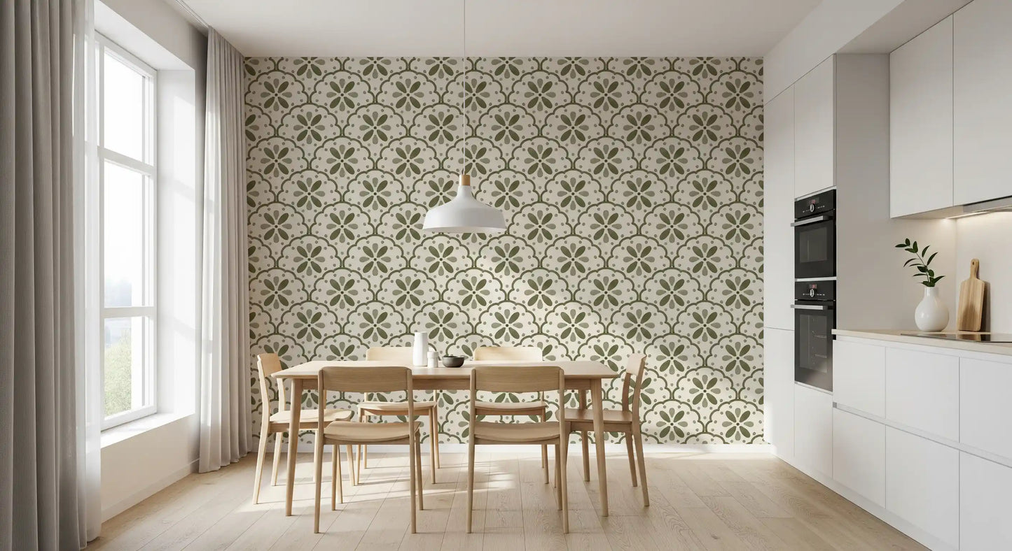 Daisy-in-scallop motifs dress a dining room with this Tuscany Olive wallpaper.
