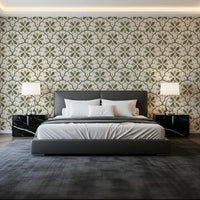 Minimalist bedroom feels Mediterranean and easy with Tuscany Scallop Olive wallpaper.